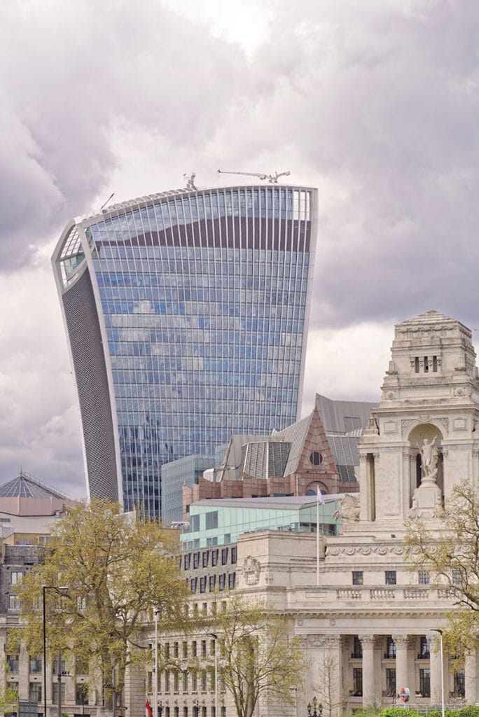 The Walkie-Talkie is a distinctive sky-scraper in the City of London skyline and built to meet exacting construction sustainability standards.