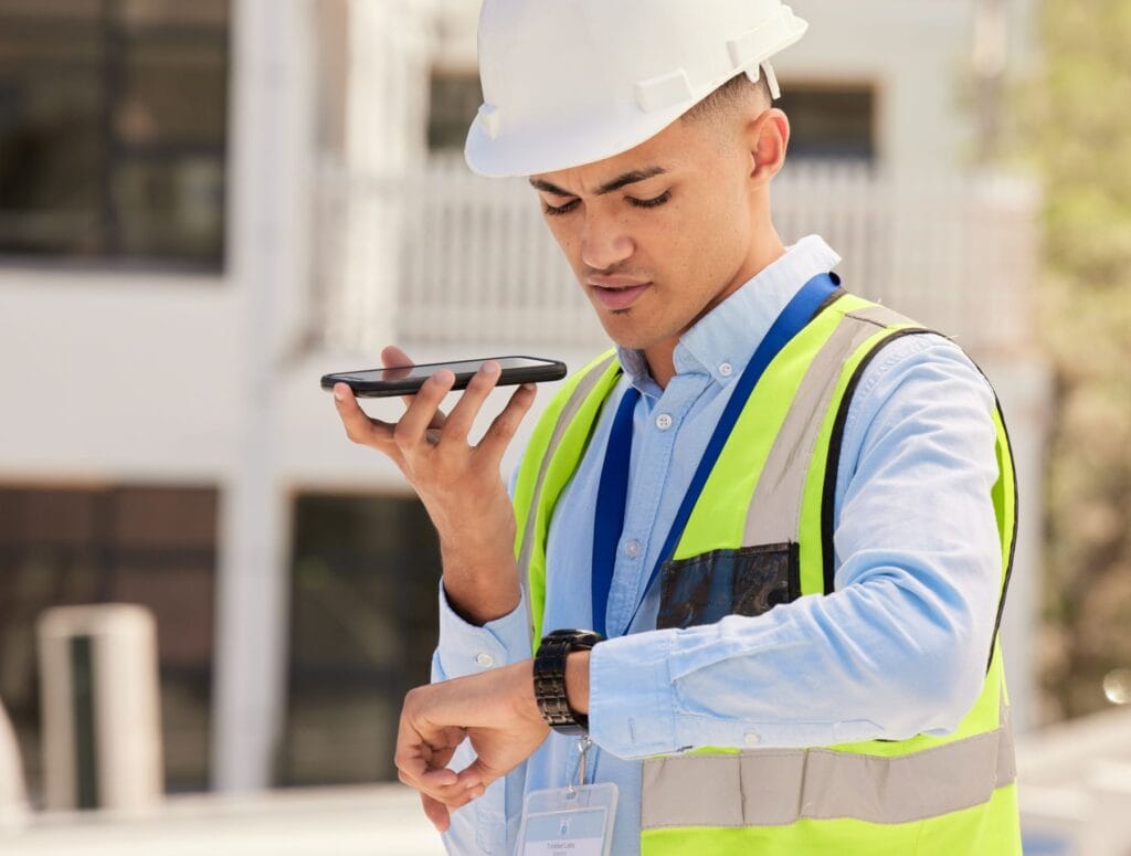 Construction project manager looking at watch and checking schedules while on site